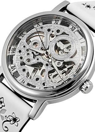 Жіночий механічний годинник winner silver white flower з мінеральним склом, 2 ремінці