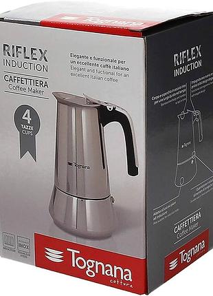 Гейзернп кавоварка tognana riflex induction об'ємом на 4 чашки (4 tappe/cups), виготовлена з нержавіючої сталі 18/10.