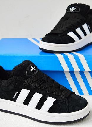 Зимние женские кроссовки adidas campus winter fur black white адидас кампус черного с белым цветами мех