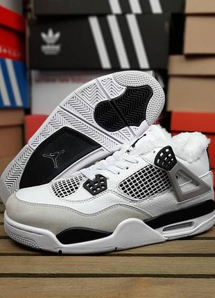 Зимові жіночі кросівки nike air jordan 4 retro winter fur white grey black найк джордан білого з сірим та чорним кольорів хутро