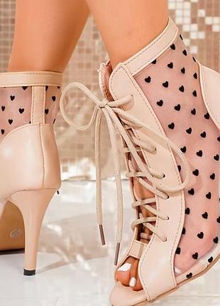 Босоніжки жіночі high heels бежеві з сіткою в горох