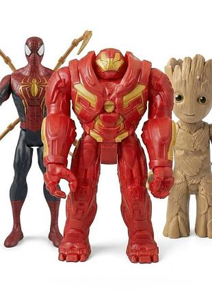 Ігровий набір великих фігурок spider-man, hulkbuster, groot marvel месники 30 см (3 шт) зі звуком і світлом