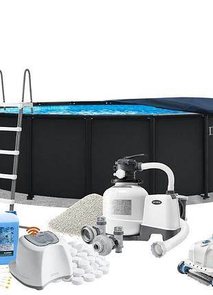 Каркасний басейн intex 26330-11в1, 549 x 132 см (басейн, підстилка, драбина, тент, фільтр 10 500 л/год, пісок, альгенікс,