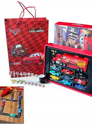 Игровой набор машинок cars mack truck с дорогой 5 м дорожными знаками и 9 машинками в подарочной коробке