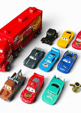 Набір машинок тачки lightning mcqueen тягач mack + 9 машинок подарункова коробка