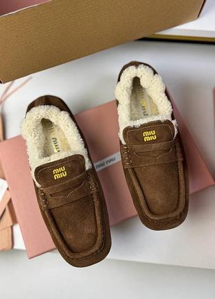 Лофери зимові miu miu коричневі квадратний носок