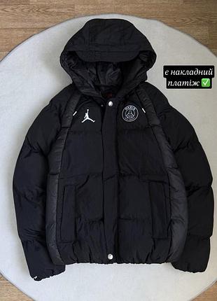 Чоловіча зимова куртка пуховик jordan × psg puffer jacket  чорна з капюшоном