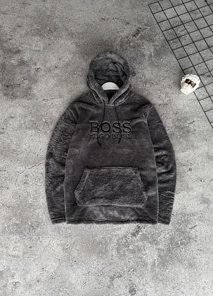 Мужское теплое худи hugo boss серое плюшевое s-xxl