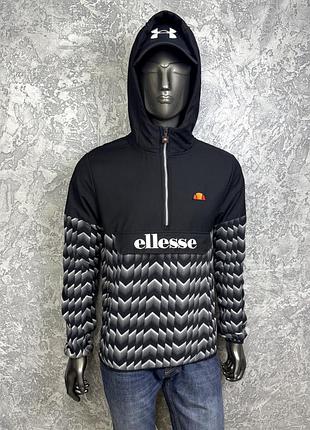 Ellesse кофта анорак s размер на флисе черно-серая с принтом