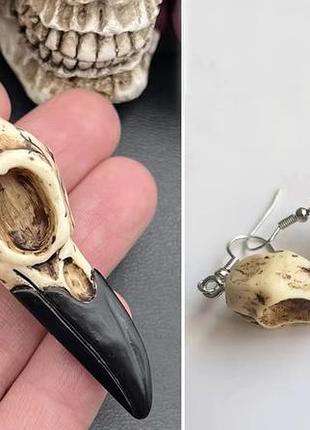 Комплект кулон підвіска + сережки череп ворона кость, raven skull