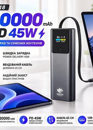 Повербанк с кабелем type-c power bank p318 20000 mah быстрая зарядка 22.5w pd 45w дисплей для смартфонов и планшетов