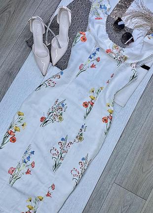 Лляна сукня h&m xs міді плаття футляр з квітковим принтом плаття з рюшами з льону