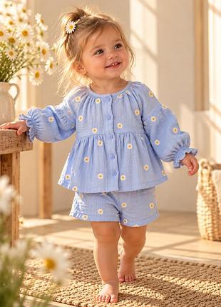 M&s комплект 18–24 міс / 86-92 см , муслін блакитний з вишитими ромашками