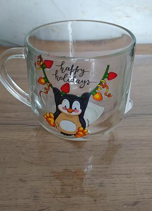 Новая стеклянная чашка пингвин happy holidays 8х8 см