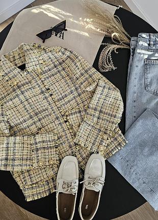 Жакет жіночий zara в стилі шанель, жовтий в клітинку