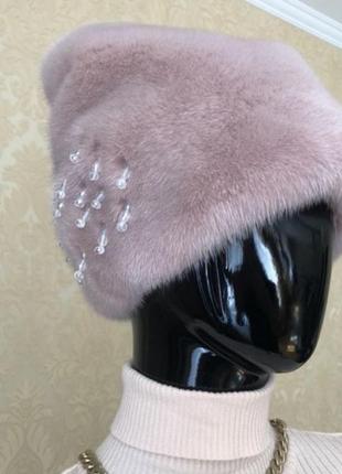 Норковая шапка берет пудра