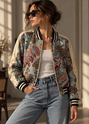 Maje boyan embroidered bomber jacket у японському стилі жакардовий теплий утеплений бомбер 36 / s з орнаментом, квіти та птахи вишивка