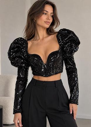Чорний топ boohoo з паєтками та об’ємними рукавами, uk 8 / eu 36