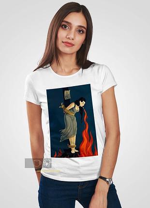 Футболка с принтом "witch on the fire" ведьма на костре прямой, xl