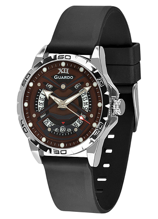 Чоловічий годинник guardo luxury collection 012751-2 сталевий корпус чорний силіконовий ремінець коричневий циферблат з датою