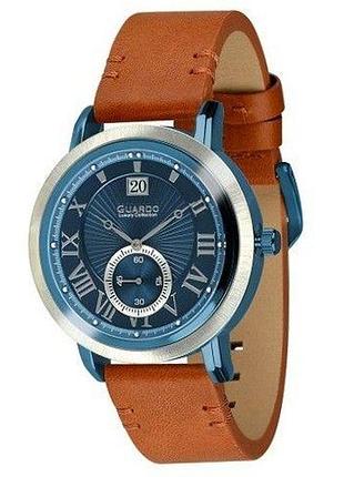 Мужские часы guardo luxury collection s01636-3 стальной корпус коричневый кожаный ремешок синий циферблат с датой