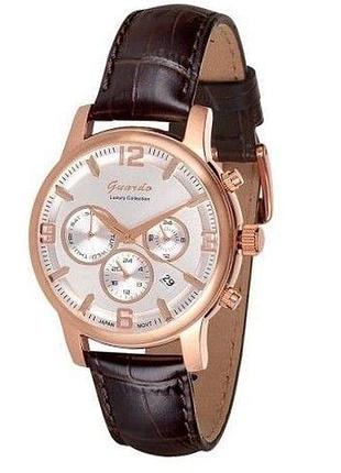 Чоловічий годинник guardo luxury collection s01540-1 корпус рожеве золото коричневий шкіряний ремінець білий циферблат з датою