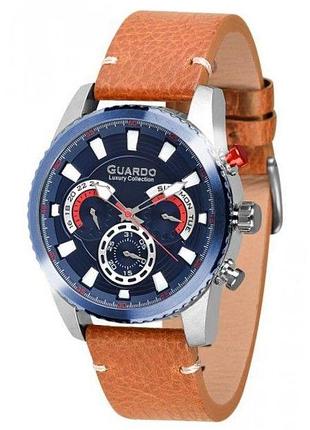 Чоловічий годинник guardo luxury collection s01896-3 синій корпус коричневий шкіряний ремінець синій циферблат з датою