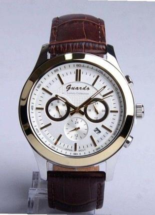 Чоловічий годинник guardo luxury collection s01076-3 корпус рожеве золото коричневий шкіряний ремінець білий циферблат з датою