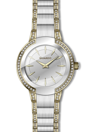 Женские часы guardo premium 012819-2 корпус сталь с лимонным золотом в цирконии комбинированный стальной браслет белый циферблат