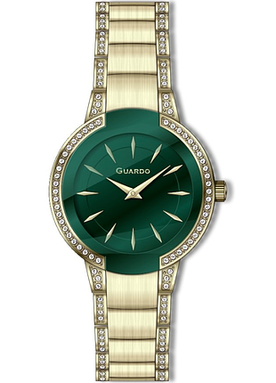 Жіночий годинник guardo premium 012819-3 золотистий корпус у цирконії золотистий сталевий браслет смарагдовий циферблат