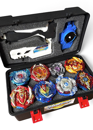Подарочный набор beyblade burst evolution / turbo / gt — 8 бейблейдов, кейс, 2 лаунчера, ручка, лаунчер-фонарик, монтажный ключ