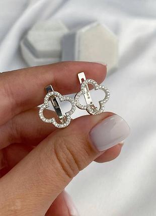 Серебряные серьги клевер с фианитами