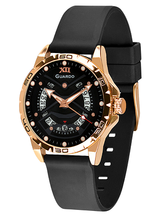 Чоловічий годинник guardo luxury collection 012751-5 корпус рожеве золото із чорним безелем чорний силіконовий ремінець чорний
