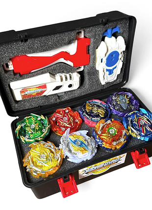 Подарочный набор beyblade burst rise season 6 — 8 бейблейдов, кейс, 2 лаунчера, ручка, лаунчер-фонарик, монтажный ключ