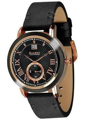 Чоловічий годинник guardo luxury collection s01636-5 чорний корпус із рожевим золотом чорний шкіряний ремінець чорний циферблат з