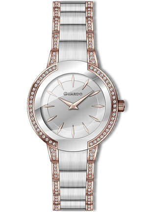 Женские часы guardo premium 012819-4 корпус сталь с розовым золотом в цирконии комбинированный стальной браслет белый циферблат