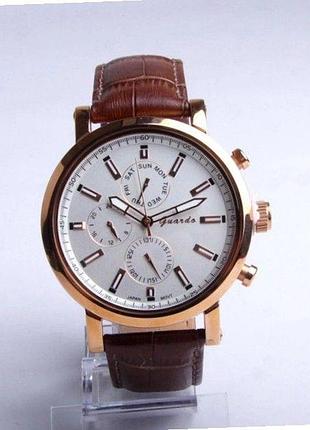 Чоловічий годинник guardo luxury collection s09876-2 корпус рожеве золото коричневий шкіряний ремінець білий циферблат з датою
