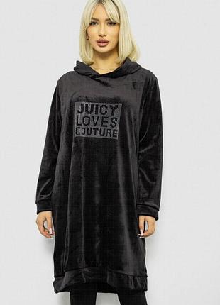 Женская велюровая туника с капюшоном, свободного кроя, на осень черный