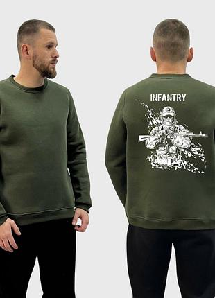 Чоловічий світшот на флісі з принтом infantry військовий в балаклаві з автоматом, хакі