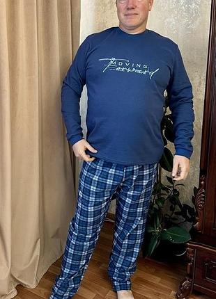 Піжама чоловіча з начосом кофта зі штанами в клітинку синій 48-58р.