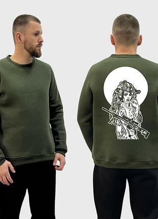 Мужской свитшот на флисе с принтом sunset goons девушка с автоматом под полной луной, хаки