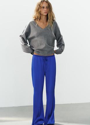 Атласные брюки женские синие со шнурками zara new