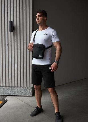 Комплект мужской tnf: футболка белая + шорты черные + борсетка черная