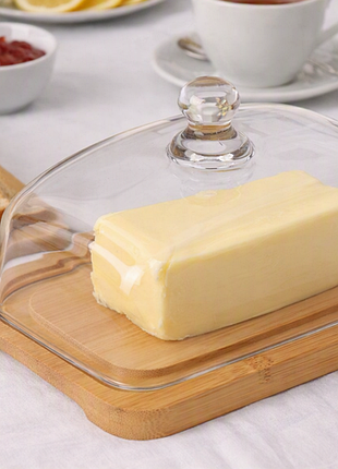 Маслянка з бамбуковою підставкою та скляною кришкою 18х10х9.5 см