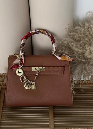 Женская сумка kelly medium size с платком коричневый келли средняя сумочка келли