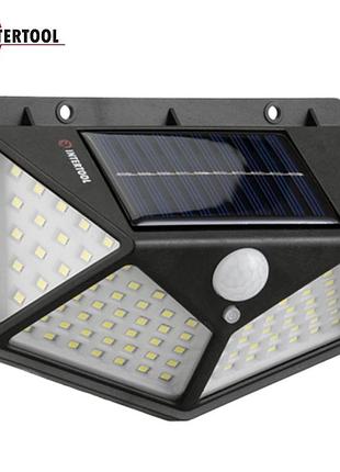 Светильник аккумуляторный настенный intertool lb-0113 (100smd, уличный, солнечная панель, датчик движения, 1200 мач)