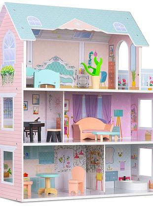 Кукольный домик большой многоэтажный деревянный ricokids 70 см с мебелью и аксессуарами, для девочки, 3+ лет
