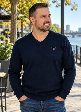 Мужской джемпер gant xl темно-синий с v-образным вырезом