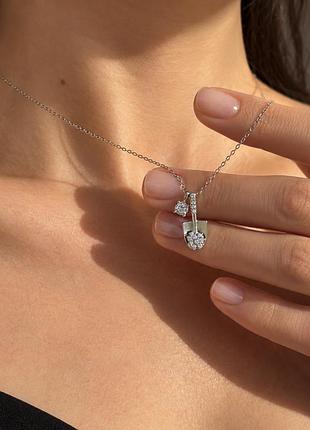 Серебряная подвеска денежная лопата с фианитами, украшение талисмана на счастье и богатство, серебро 925 пробы, длина 40.5+5 см