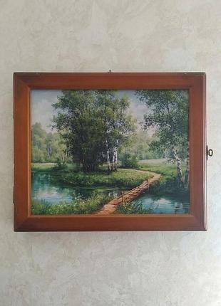 Ключниця настінна, дерев'яна, картина, 5 гачків, 27*33*5